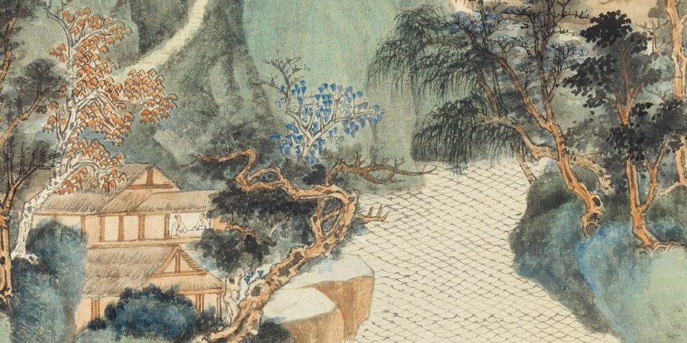 山水楼阁图立轴局部